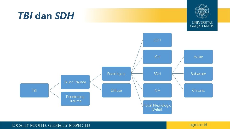 TBI dan SDH EDH ICH Acute Focal Injury SDH Subacute Diffuse IVH Chronic Blunt