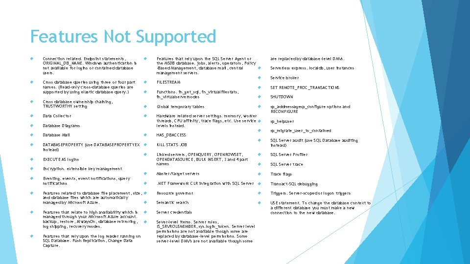 Features Not Supported Features that rely upon the SQL Server Agent or the MSDB