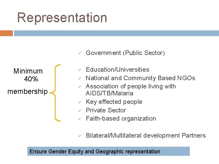 Representation ü Minimum 40% membership Government (Public Sector) ü Education/Universities National and Community Based