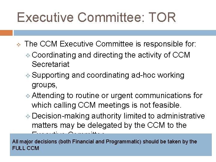 Executive Committee: TOR v The CCM Executive Committee is responsible for: v Coordinating and