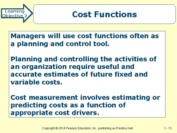 Learning Objective 2 Cost Functions Managers will use cost functions often as a planning