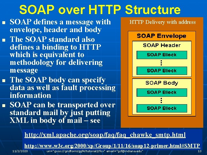 SOAP over HTTP Structure n n SOAP defines a message with envelope, header and