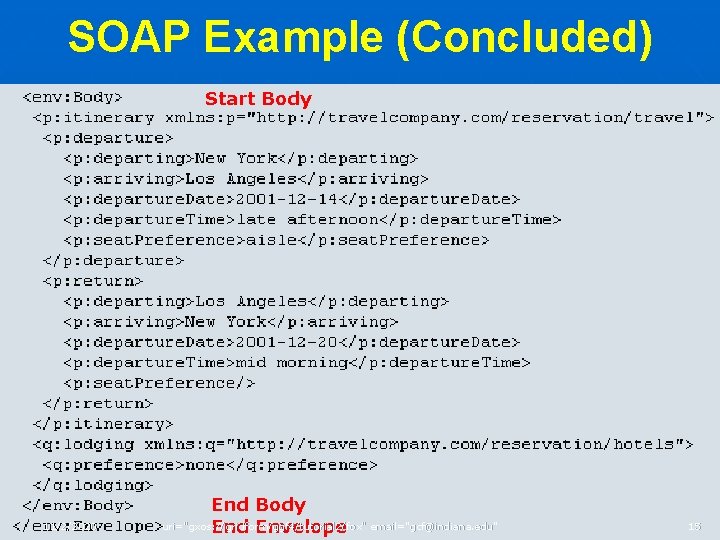 SOAP Example (Concluded) Start Body n This has the SOAP Body with actual request