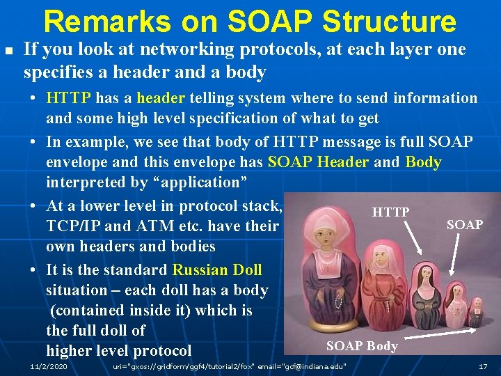 Remarks on SOAP Structure n If you look at networking protocols, at each layer