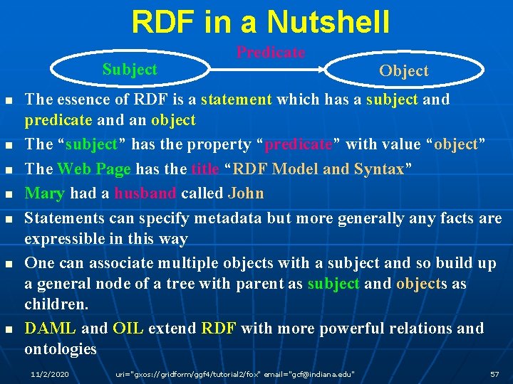 RDF in a Nutshell Subject n n n n Predicate Object The essence of