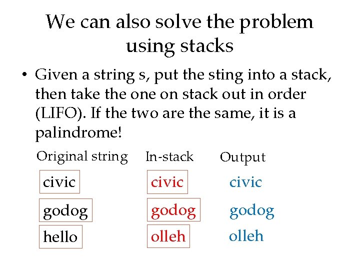 We can also solve the problem using stacks • Given a string s, put