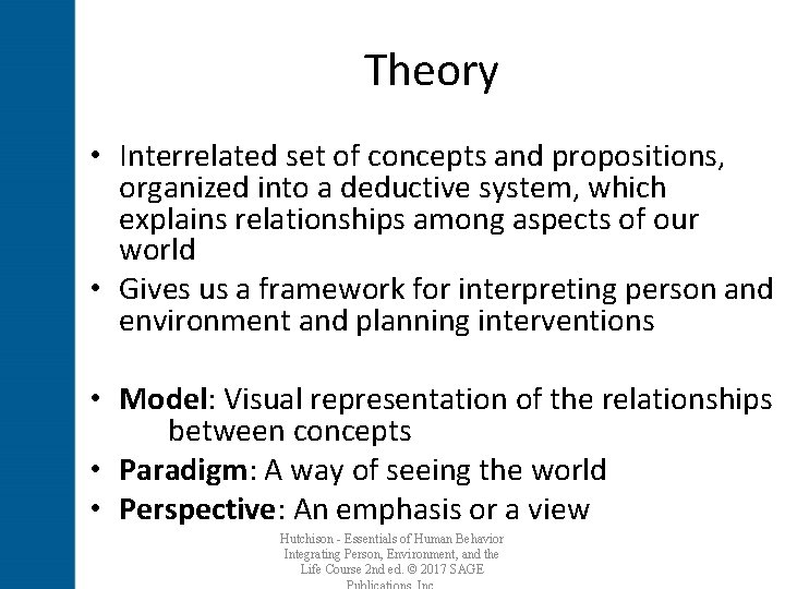 Theory • Interrelated set of concepts and propositions, organized into a deductive system, which