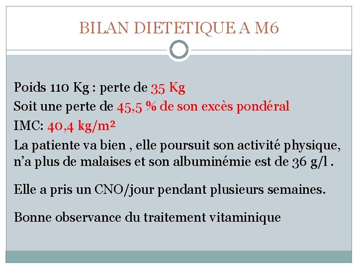 BILAN DIETETIQUE A M 6 Poids 110 Kg : perte de 35 Kg Soit