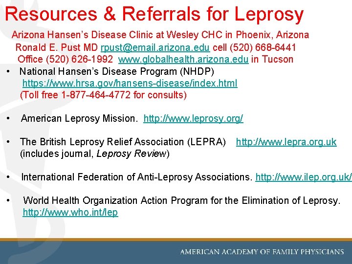 Resources & Referrals for Leprosy Arizona Hansen’s Disease Clinic at Wesley CHC in Phoenix,