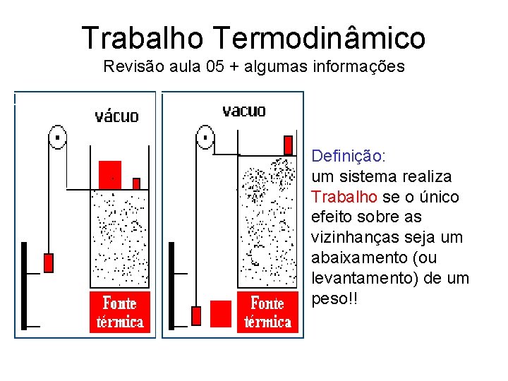 Trabalho Termodinâmico Revisão aula 05 + algumas informações Definição: um sistema realiza Trabalho se