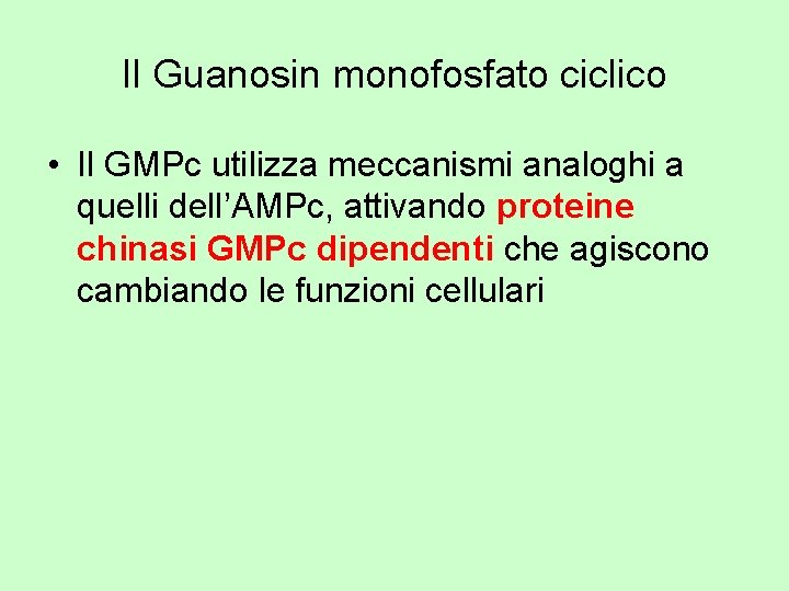 Il Guanosin monofosfato ciclico • Il GMPc utilizza meccanismi analoghi a quelli dell’AMPc, attivando