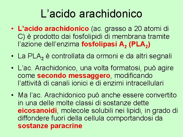 L’acido arachidonico • L’acido arachidonico (ac. grasso a 20 atomi di C) è prodotto