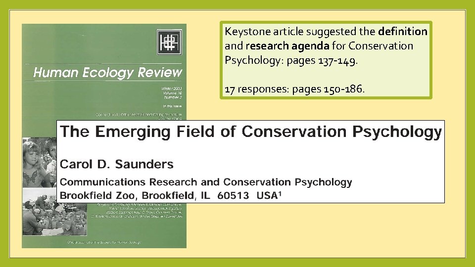 Keystone article suggested the definition and research agenda for Conservation Psychology: pages 137 -149.