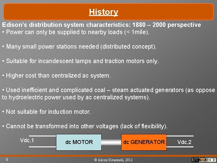 History Edison’s distribution system characteristics: 1880 – 2000 perspective • Power can only be