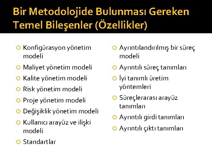 Bir Metodolojide Bulunması Gereken Temel Bileşenler (Özellikler) Konfigürasyon yönetim modeli Ayrıntılandırılmış bir süreç modeli