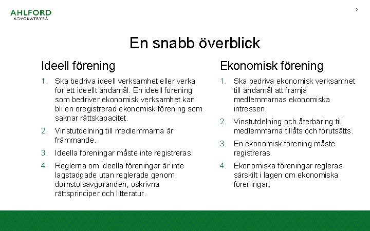 2 En snabb överblick Ideell förening Ekonomisk förening 1. Ska bedriva ideell verksamhet eller