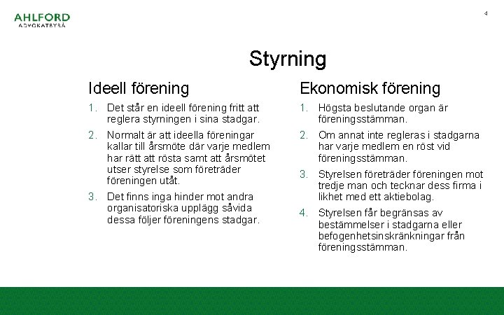 4 Styrning Ideell förening Ekonomisk förening 1. Det står en ideell förening fritt att