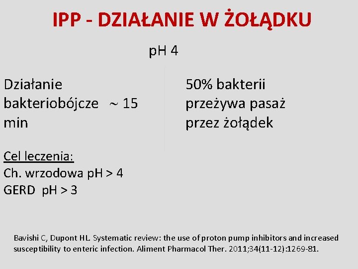 IPP - DZIAŁANIE W ŻOŁĄDKU p. H 4 Działanie bakteriobójcze 15 min 50% bakterii