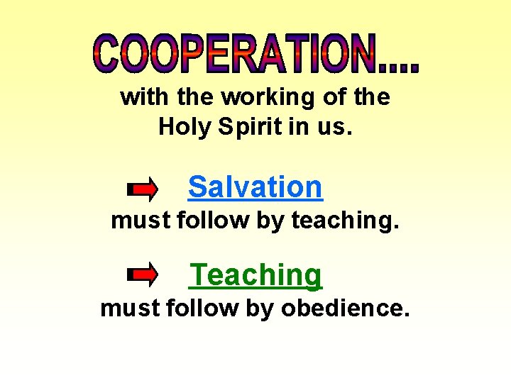 with the working of the Holy Spirit in us. Salvation must follow by teaching.