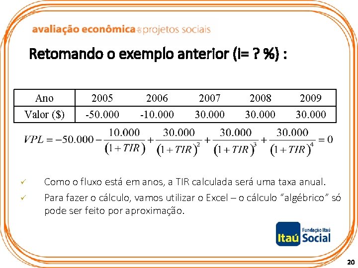 Retomando o exemplo anterior (i= ? %) : Ano 2005 2006 2007 2008 2009