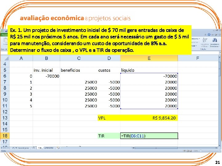 Ex. 1. Um projeto de investimento inicial de $ 70 mil gera entradas de