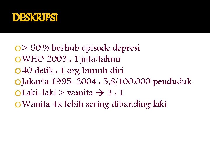 DESKRIPSI > 50 % berhub episode depresi WHO 2003 : 1 juta/tahun 40 detik