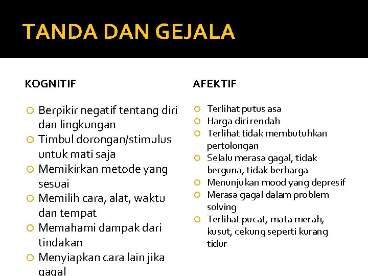 TANDA DAN GEJALA KOGNITIF Berpikir negatif tentang diri dan lingkungan Timbul dorongan/stimulus untuk mati