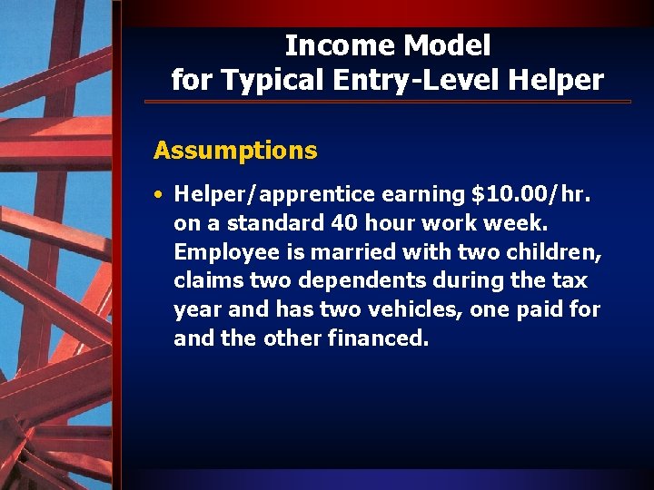 Income Model for Typical Entry-Level Helper Assumptions • Helper/apprentice earning $10. 00/hr. on a