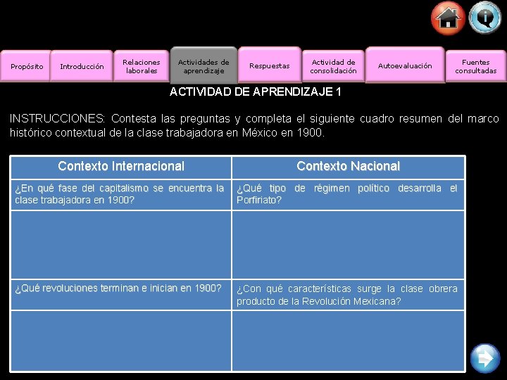 Propósito Introducción Relaciones laborales Actividades de aprendizaje Respuestas Actividad de consolidación Autoevaluación Fuentes consultadas