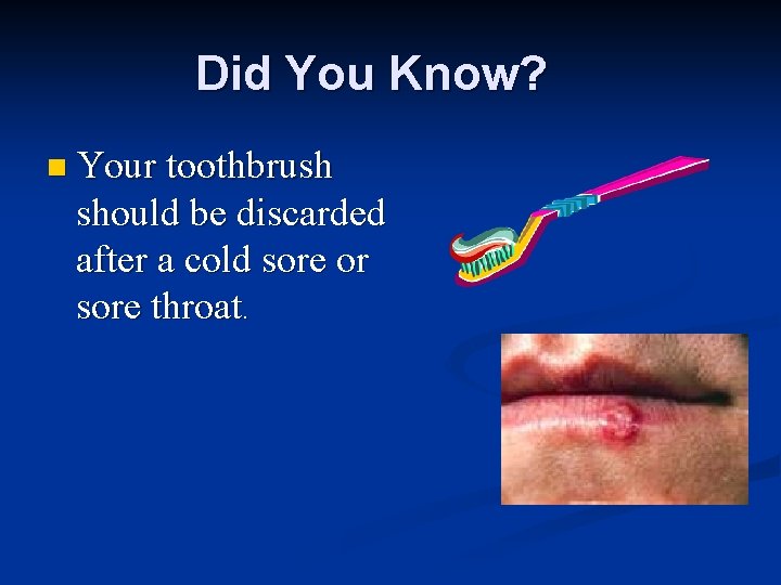 Did You Know? n Your toothbrush should be discarded after a cold sore or