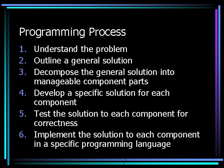 Programming Process 1. Understand the problem 2. Outline a general solution 3. Decompose the Programming Process 1. Understand the problem 2. Outline a general solution 3. Decompose the