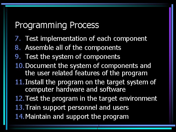 Programming Process 7. Test implementation of each component 8. Assemble all of the components Programming Process 7. Test implementation of each component 8. Assemble all of the components