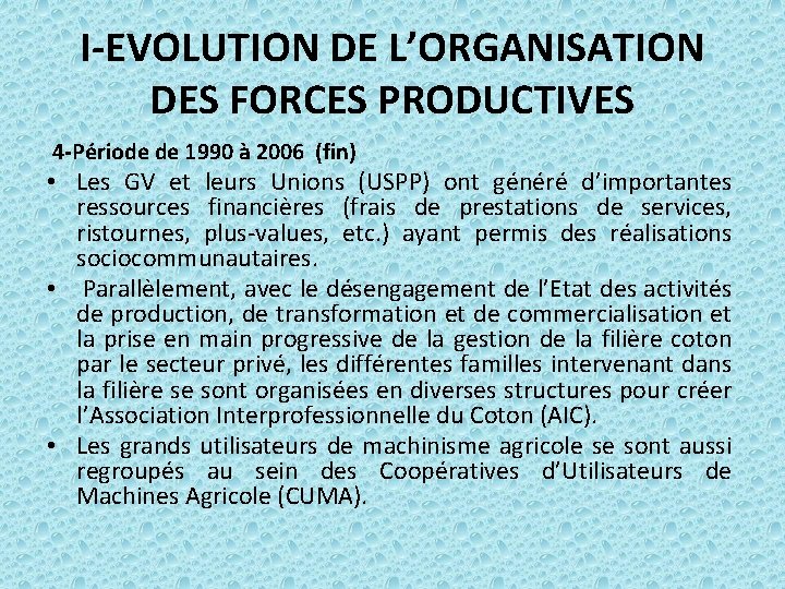 I-EVOLUTION DE L’ORGANISATION DES FORCES PRODUCTIVES 4 -Période de 1990 à 2006 (fin) •