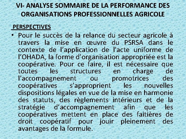 VI- ANALYSE SOMMAIRE DE LA PERFORMANCE DES ORGANISATIONS PROFESSIONNELLES AGRICOLE PERSPECTIVES • Pour le