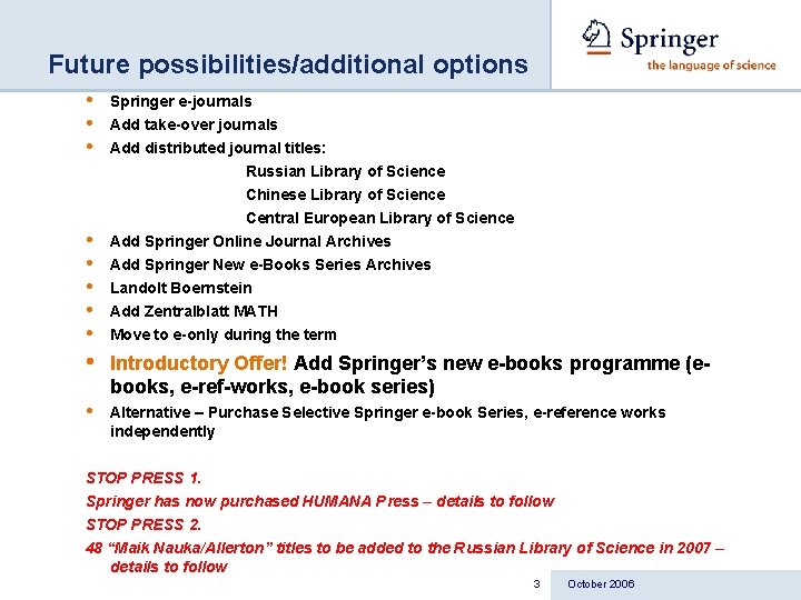 Future possibilities/additional options • • Springer e-journals Add take-over journals Add distributed journal titles: