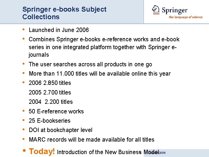 Springer e-books Subject Collections • • Launched in June 2006 • • • The