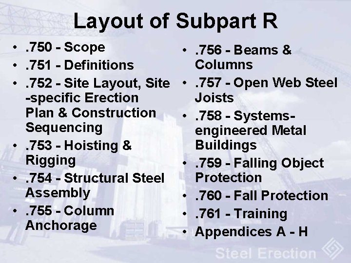 Layout of Subpart R • . 750 - Scope • . 751 - Definitions