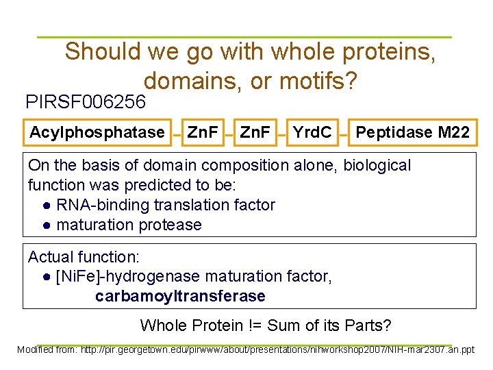 Should we go with whole proteins, domains, or motifs? PIRSF 006256 Acylphosphatase - Zn.