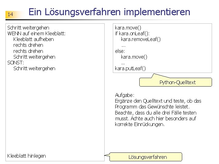 14 Ein Lösungsverfahren implementieren Schritt weitergehen WENN auf einem Kleeblatt: Kleeblatt aufheben rechts drehen