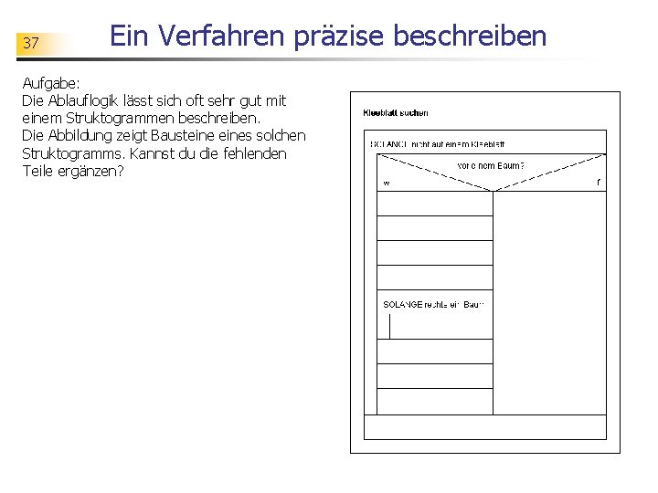 37 Ein Verfahren präzise beschreiben Aufgabe: Die Ablauflogik lässt sich oft sehr gut mit