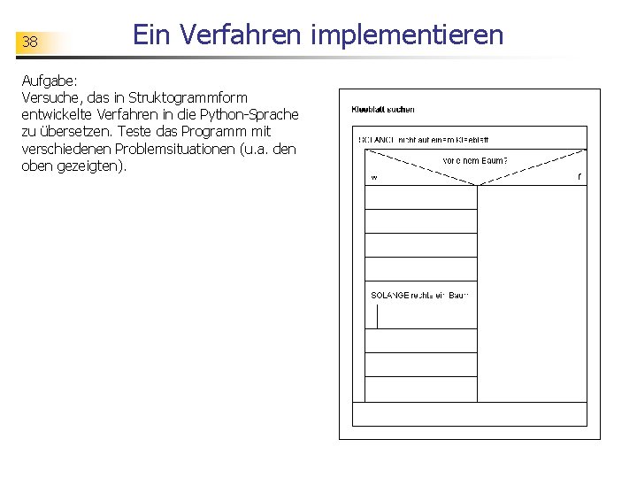 38 Ein Verfahren implementieren Aufgabe: Versuche, das in Struktogrammform entwickelte Verfahren in die Python-Sprache