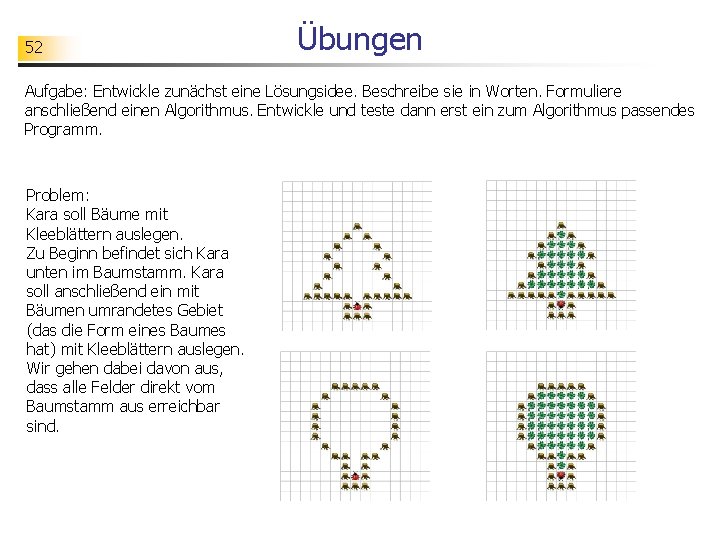 52 Übungen Aufgabe: Entwickle zunächst eine Lösungsidee. Beschreibe sie in Worten. Formuliere anschließend einen