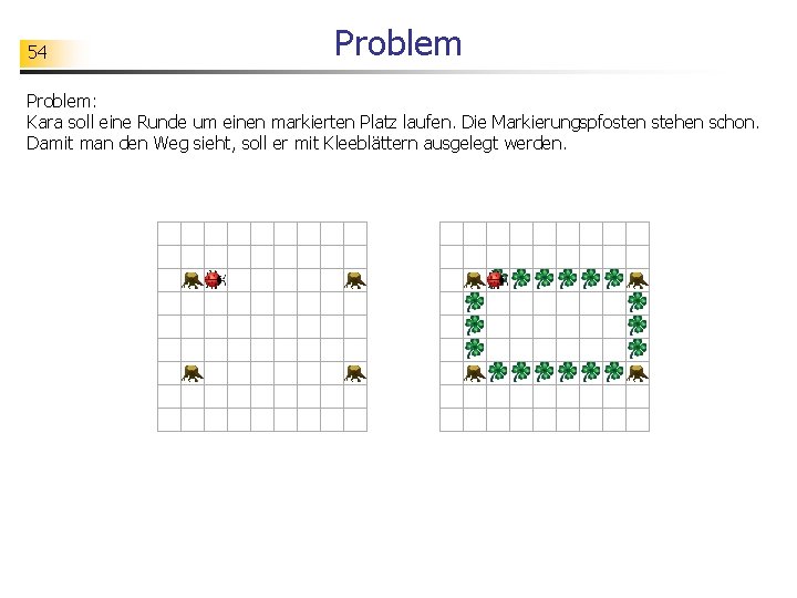 54 Problem: Kara soll eine Runde um einen markierten Platz laufen. Die Markierungspfosten stehen