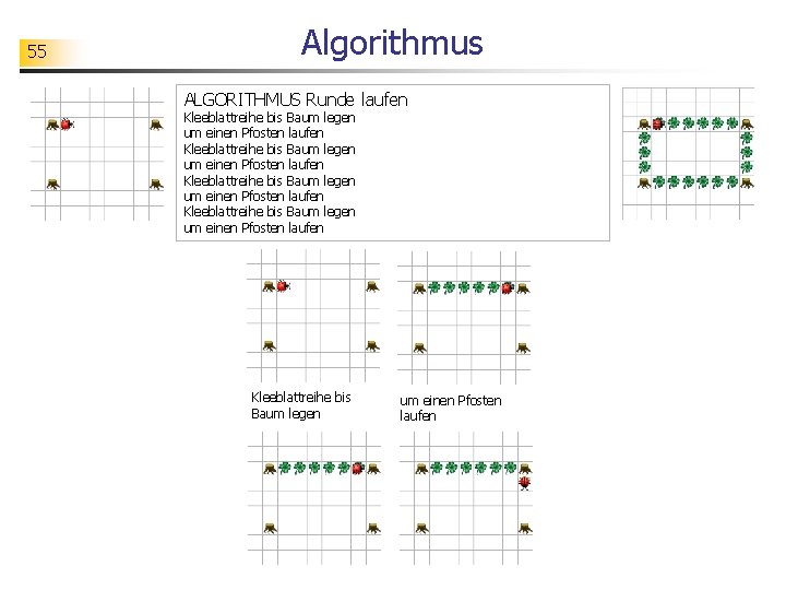 55 Algorithmus ALGORITHMUS Runde laufen Kleeblattreihe bis Baum legen um einen Pfosten laufen Kleeblattreihe