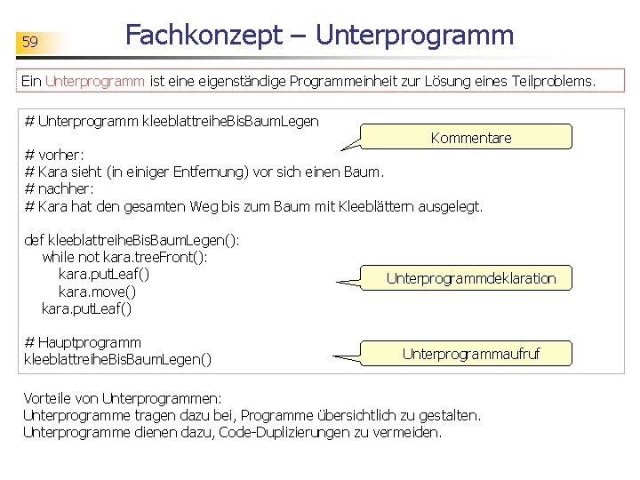 59 Fachkonzept – Unterprogramm Ein Unterprogramm ist eine eigenständige Programmeinheit zur Lösung eines Teilproblems.