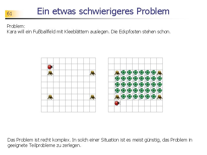 61 Ein etwas schwierigeres Problem: Kara will ein Fußballfeld mit Kleeblättern auslegen. Die Eckpfosten