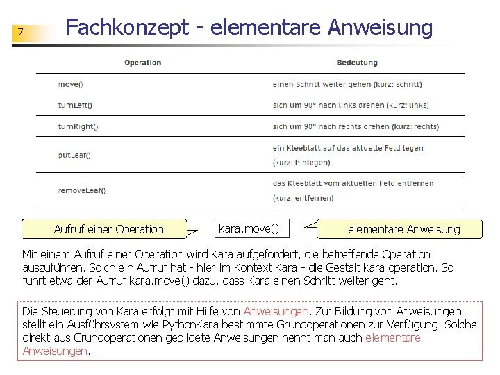 7 Fachkonzept - elementare Anweisung Aufruf einer Operation kara. move() elementare Anweisung Mit einem