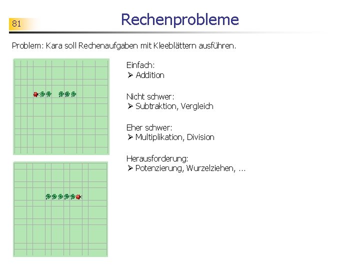 81 Rechenprobleme Problem: Kara soll Rechenaufgaben mit Kleeblättern ausführen. Einfach: Ø Addition Nicht schwer: