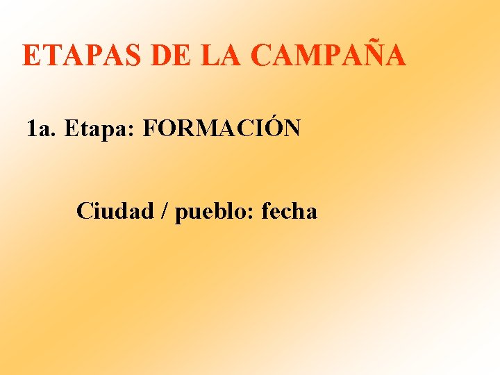 ETAPAS DE LA CAMPAÑA 1 a. Etapa: FORMACIÓN Ciudad / pueblo: fecha 