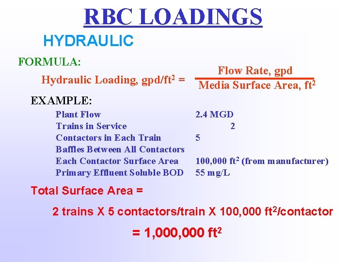 RBC LOADINGS HYDRAULIC FORMULA: Hydraulic Loading, gpd/ft 2 = Flow Rate, gpd Media Surface